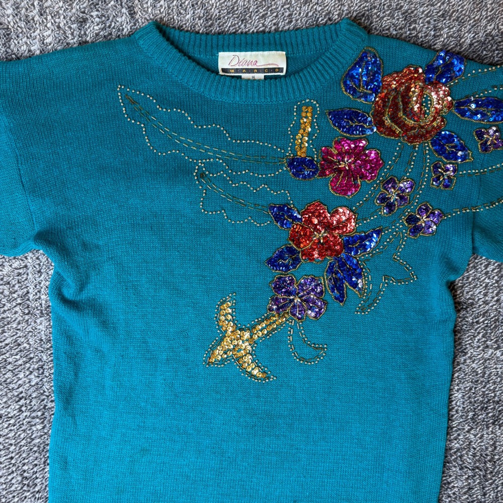 Vintage Diana Marco Teal Sequin Floral Knit Sweater Dress Ramie Cotton Size 14